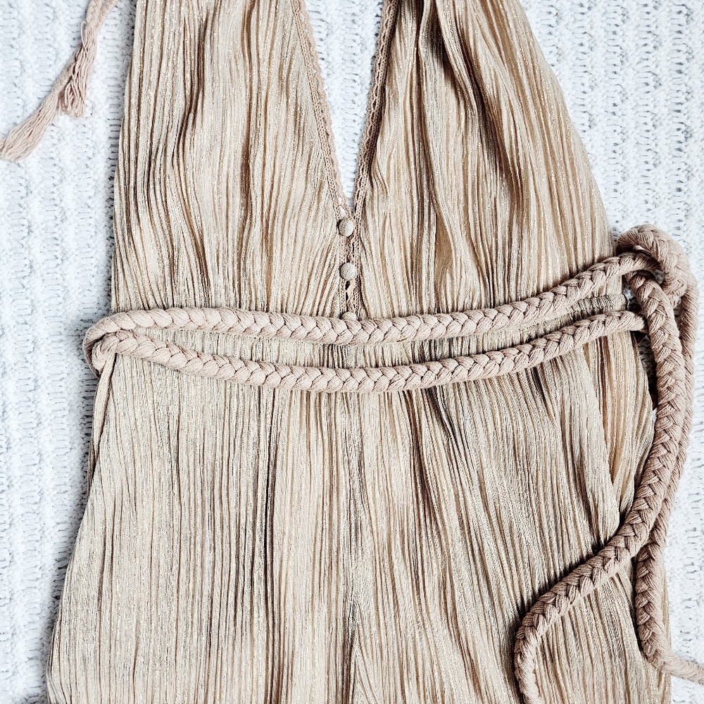 Spell & The Gypsy Liquid Gold Jumpsuit Sheer Lined Metallic Tie Halter Vintage S - Picture 3 of 16